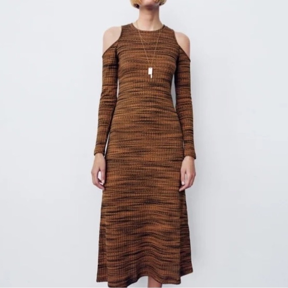 Zara Brown Long Sleeve Cold Shoulder Dress